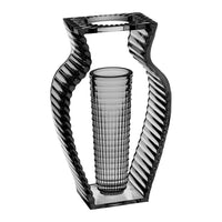 "Black and clear glass vase with a wavy design and ribbed texture, showcasing modern elegance and sophistication."