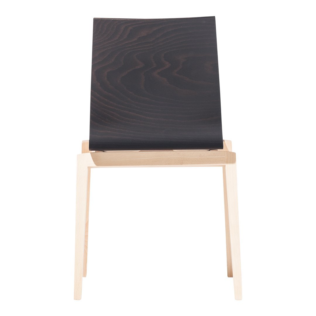 Modern chair with a sleek black wood finish and natural wooden legs, showcasing a contemporary design.