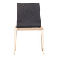 Modern chair with a sleek black wood finish and natural wooden legs, showcasing a contemporary design.