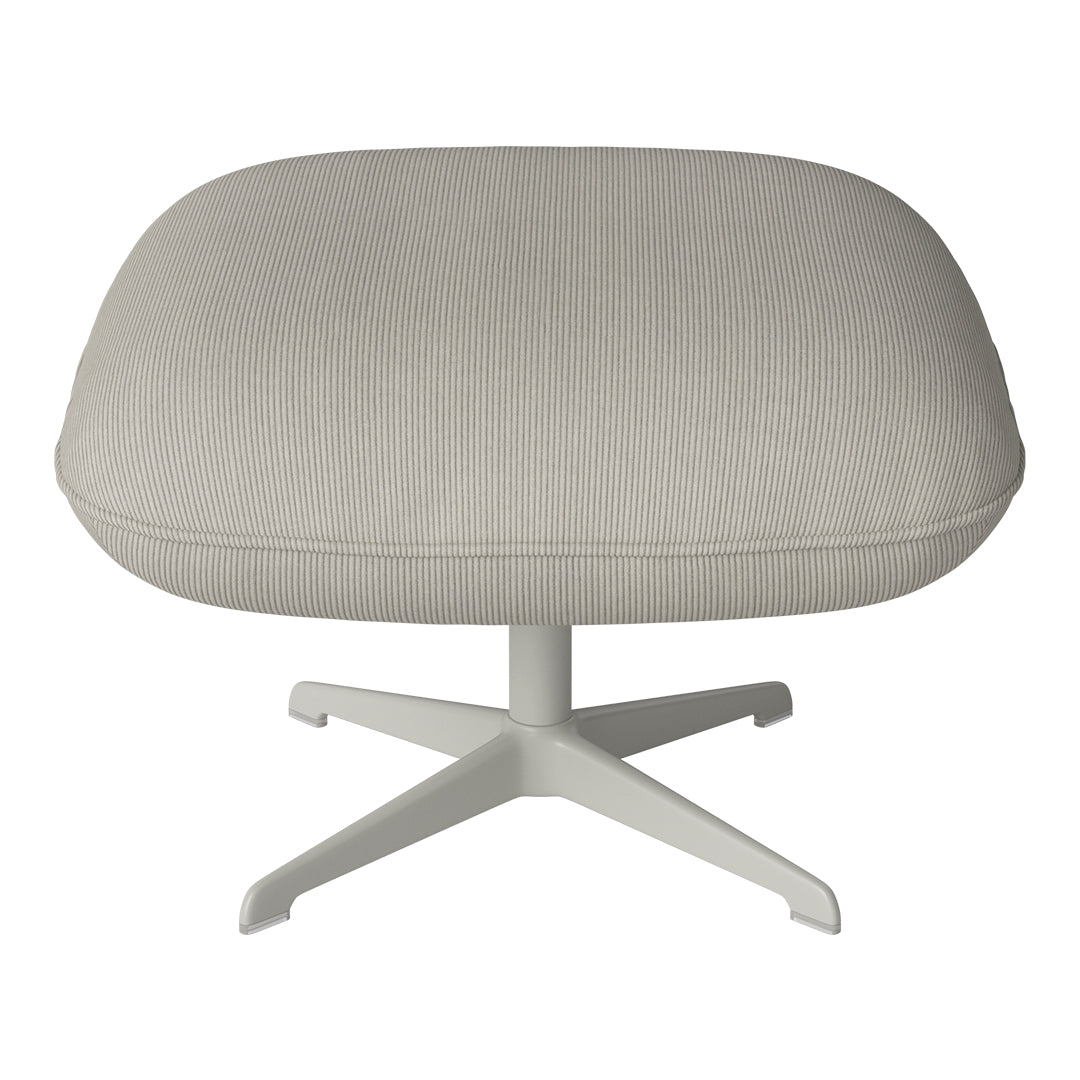 Light gray striped ottoman with a soft, textured finish and a sleek white base. Perfect for modern decor.