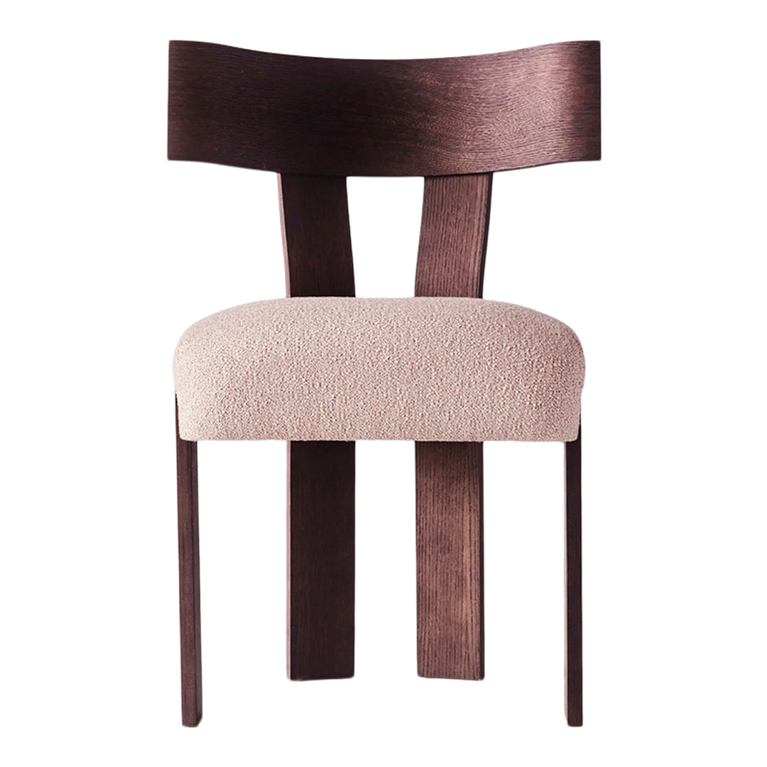 Brown wooden chair with a curved backrest and a soft beige upholstered seat. Stylish and modern design.