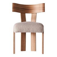 Wooden chair with a light beige patterned seat and a natural wood finish, showcasing smooth lines and minimalist design.