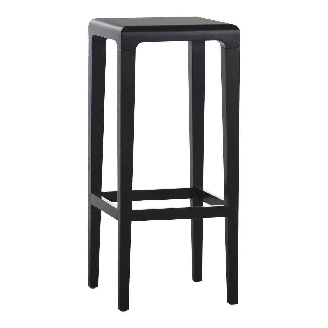 Black bar stool with a sleek, minimalist design and smooth surface, perfect for modern decor.