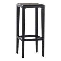 Black bar stool with a sleek, minimalist design and smooth surface, perfect for modern decor.