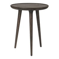 Dark wood round side table with a subtle textured finish and tapered legs. Simple, modern design in earthy tones.