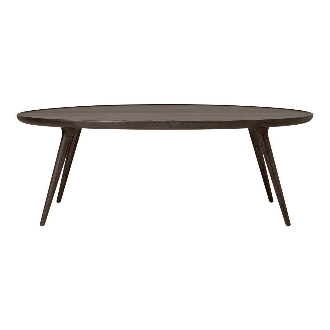 Dark brown oval coffee table with clean lines and tapered wooden legs, enhancing modern decor with a minimalist pattern.