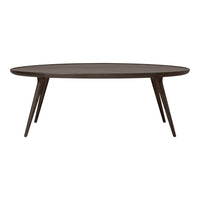 Dark brown oval coffee table with clean lines and tapered wooden legs, enhancing modern decor with a minimalist pattern.