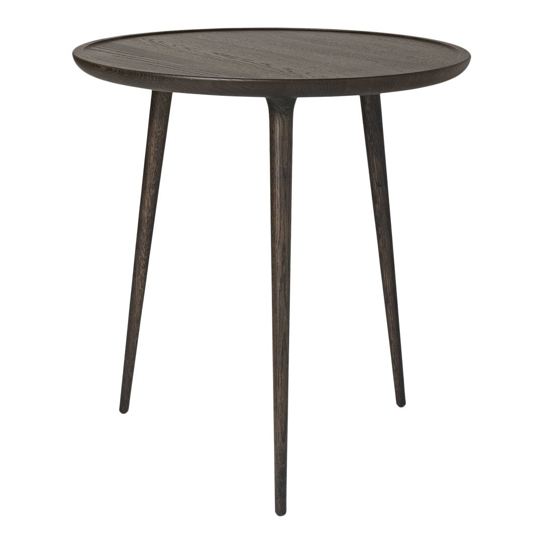 Dark wood round side table with three tapered legs, featuring a smooth, minimalist surface. Ideal for modern decor.