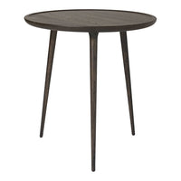 Dark wood round side table with three tapered legs, featuring a smooth, minimalist surface. Ideal for modern decor.