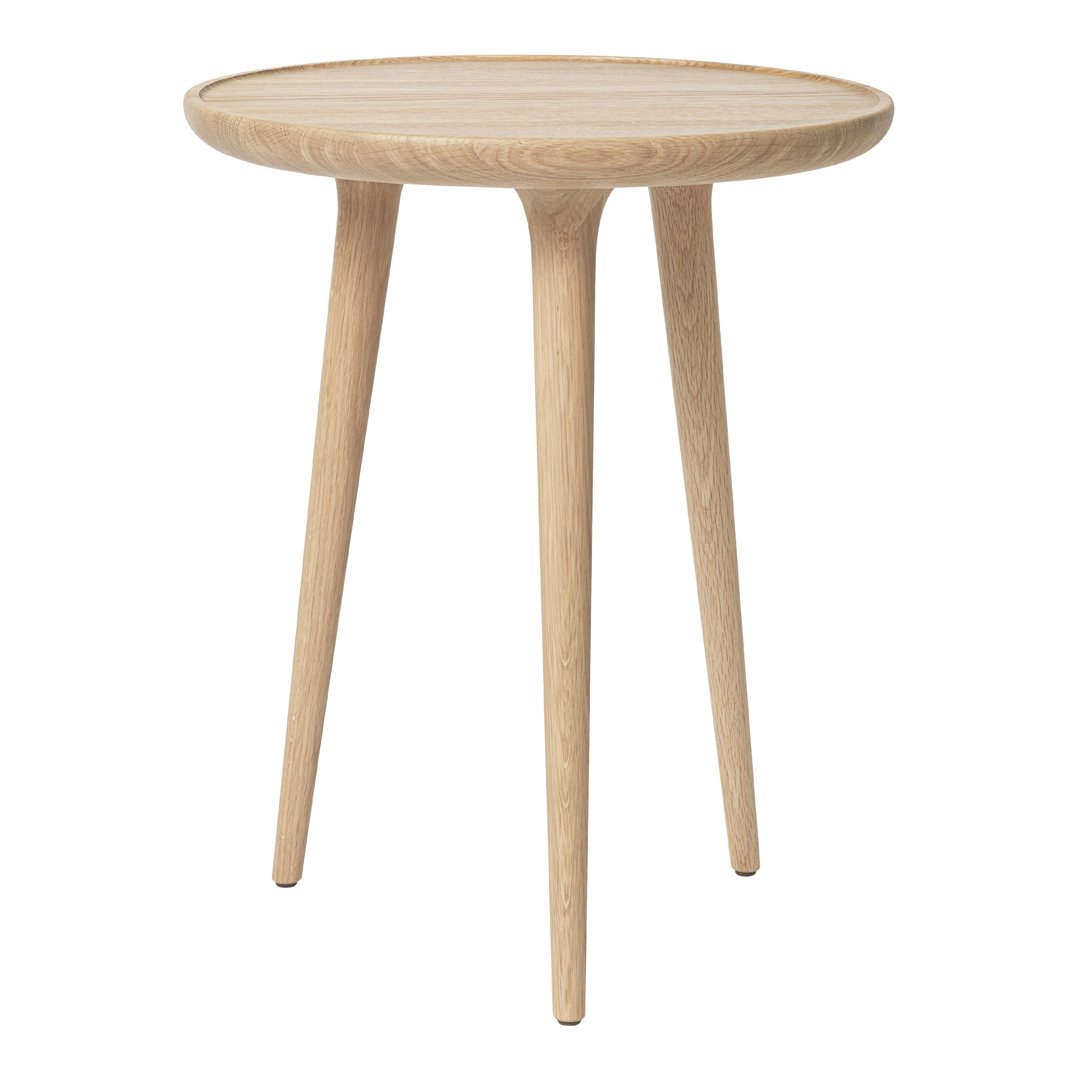 Light oak round side table with a smooth surface and sleek, tapered legs. Minimalist design in natural wood color.