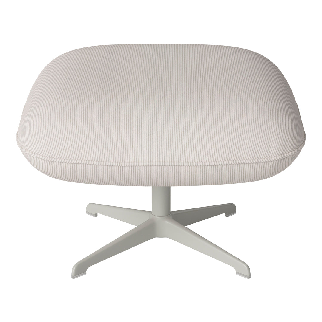 Light beige ribbed fabric ottoman with a minimalist white base, offering a modern touch to any space.