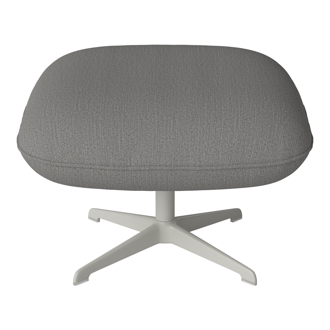 Gray upholstered ottoman with a subtle textured pattern and a light gray four-star base. Perfect for modern decor.