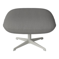 Gray upholstered ottoman with a subtle textured pattern and a light gray four-star base. Perfect for modern decor.