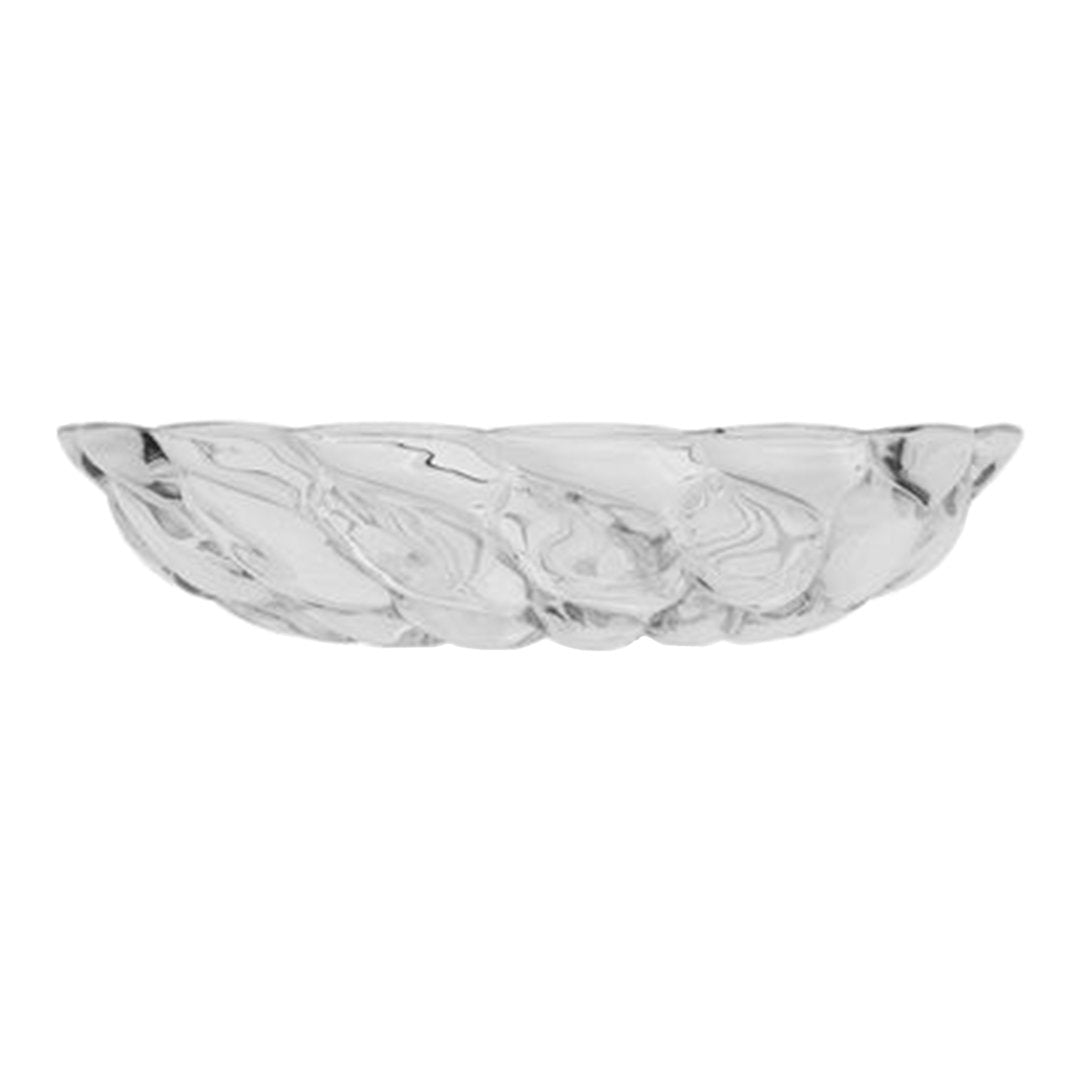 "Elegant clear glass bowl with smooth, swirling patterns and a scalloped edge, perfect for any table setting."