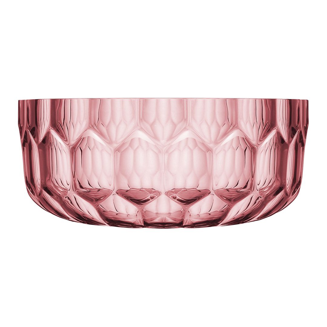 Pink faceted glass bowl with a honeycomb pattern, perfect for stylish serving and decorative use.