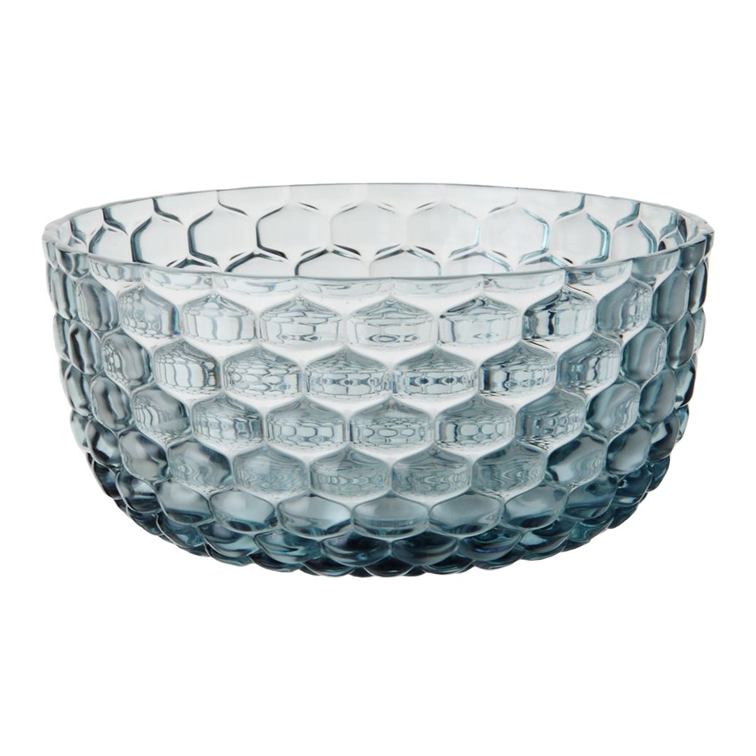Textured glass bowl in a soft blue hue with a honeycomb pattern, adding elegance to any table setting.