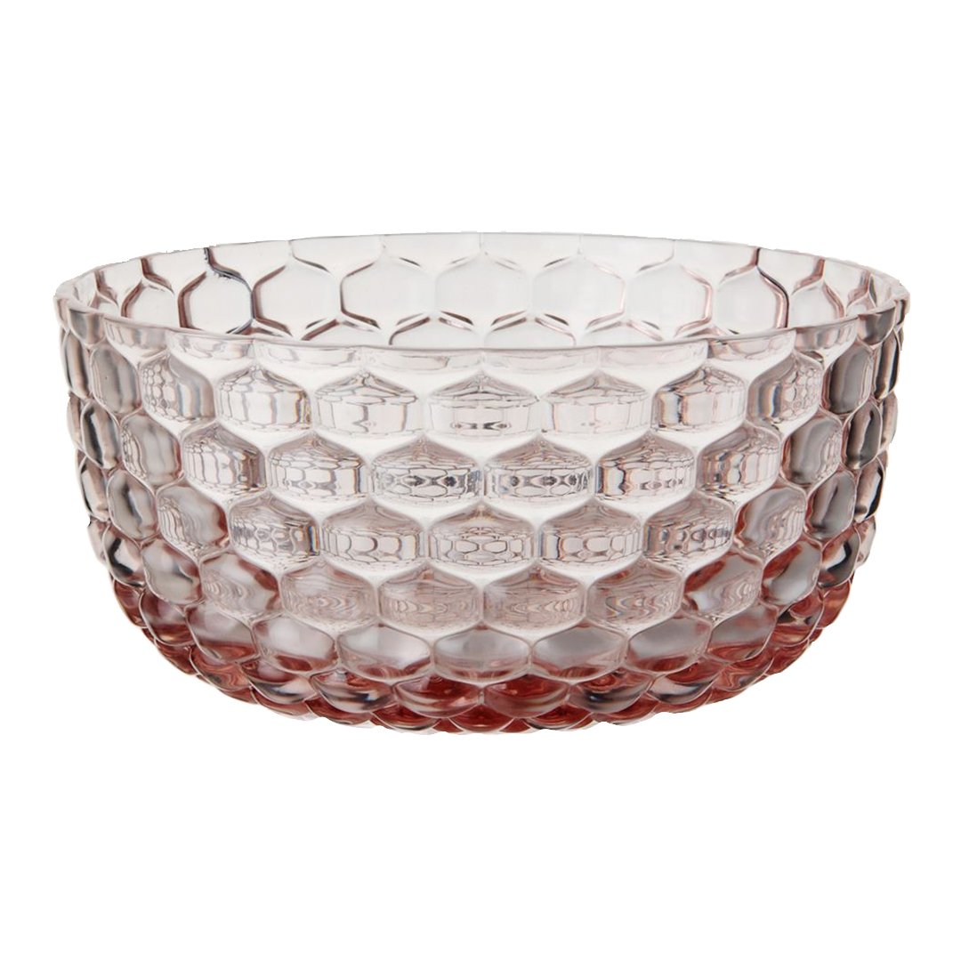 Clear glass bowl with honeycomb pattern and a subtle pink hue. Elegant design for any table setting.