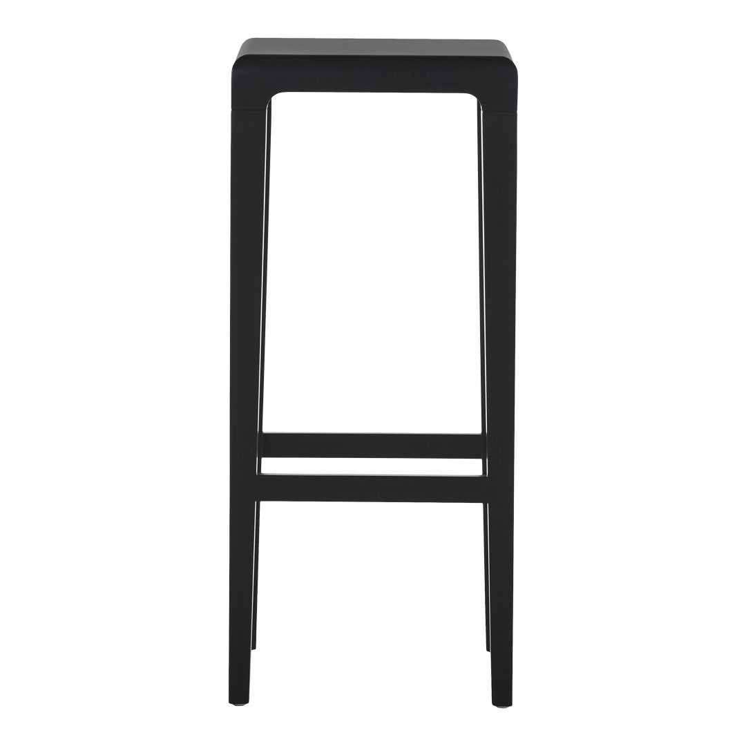 "Solid black bar stool with a minimalist design and smooth finish, perfect for modern and contemporary spaces."