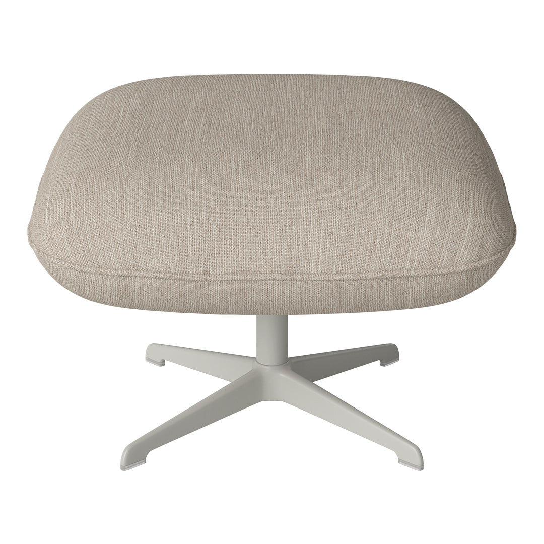 Beige upholstered ottoman with subtle linear pattern, featuring a modern light gray base.
