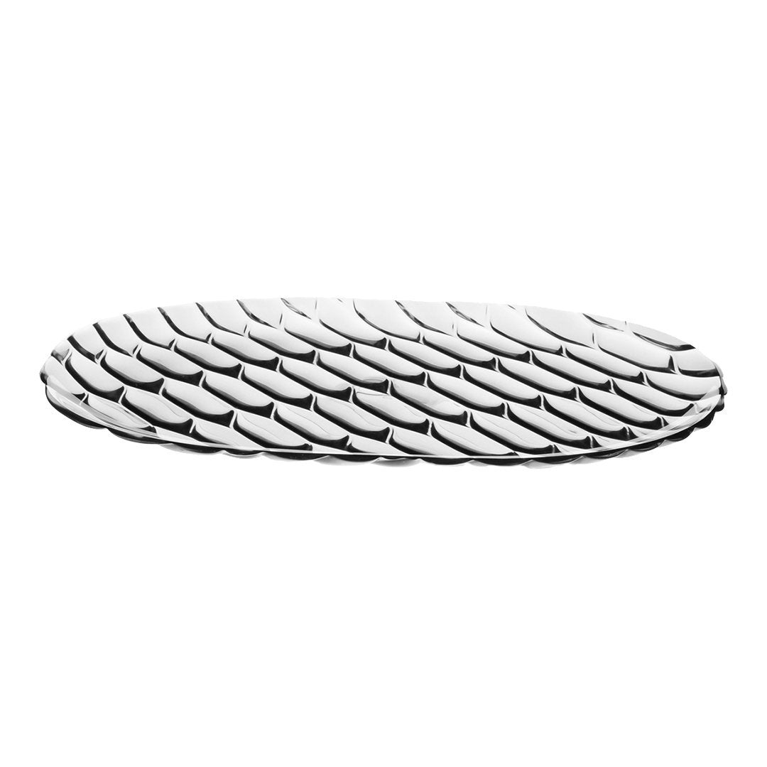 White oval platter with a textured black wave pattern, adding elegance to your dining table. Perfect for serving.