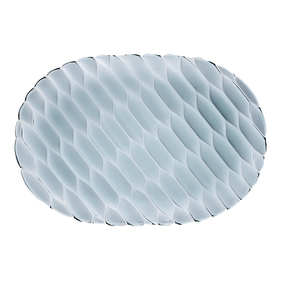 Light blue oval tray with a textured, wave-pattern design and subtle silver border accents.