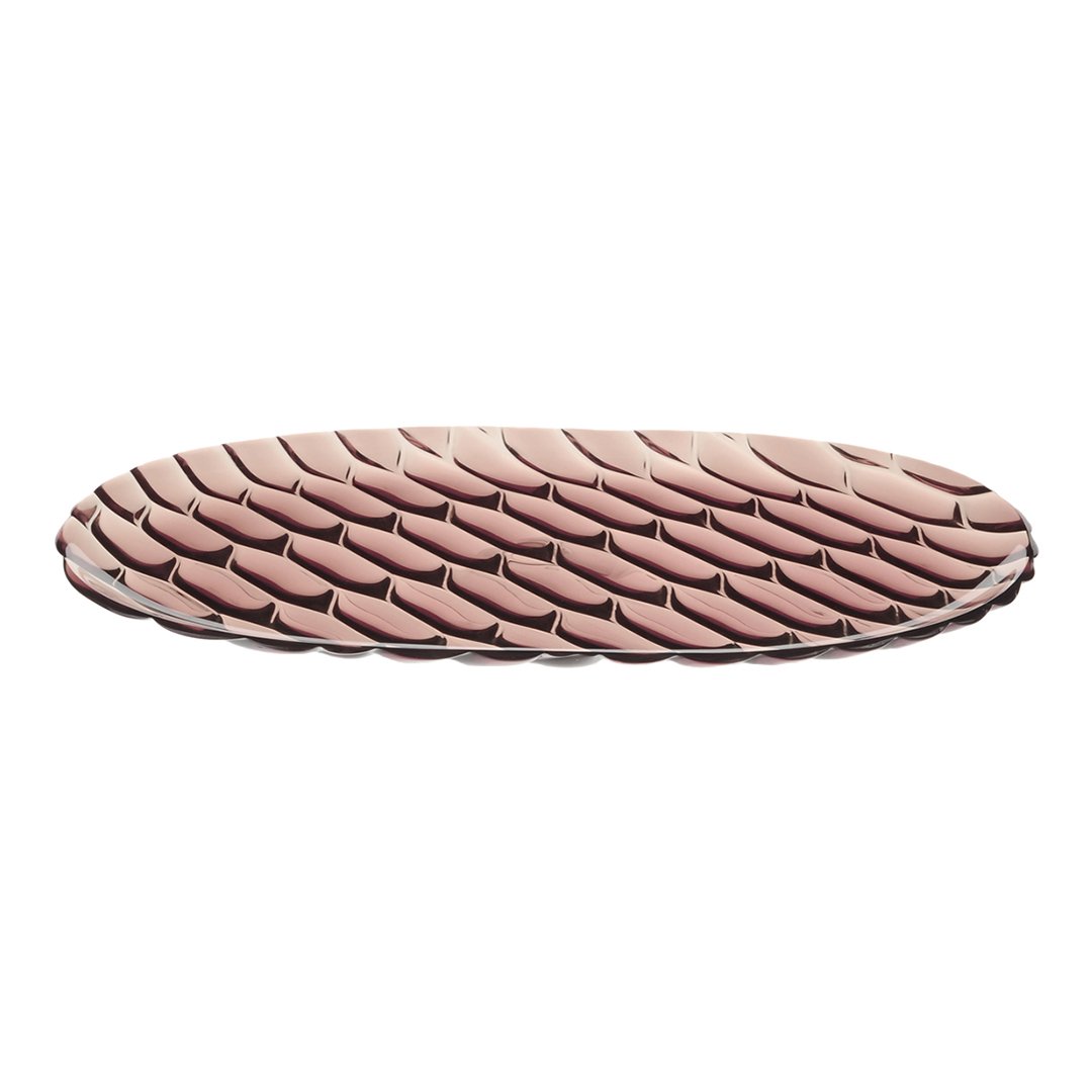 Pink oval platter with a textured scale pattern, featuring soft, curved lines for a modern aesthetic.