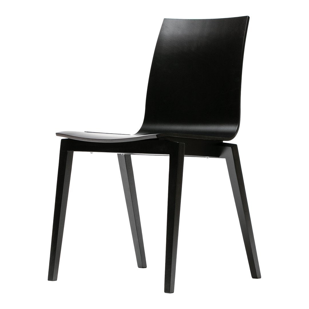 Black minimalist chair with smooth, sleek lines and a contemporary design, perfect for modern interiors.