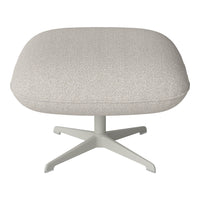 Light beige upholstered ottoman with a textured pattern and a sleek white metal base.