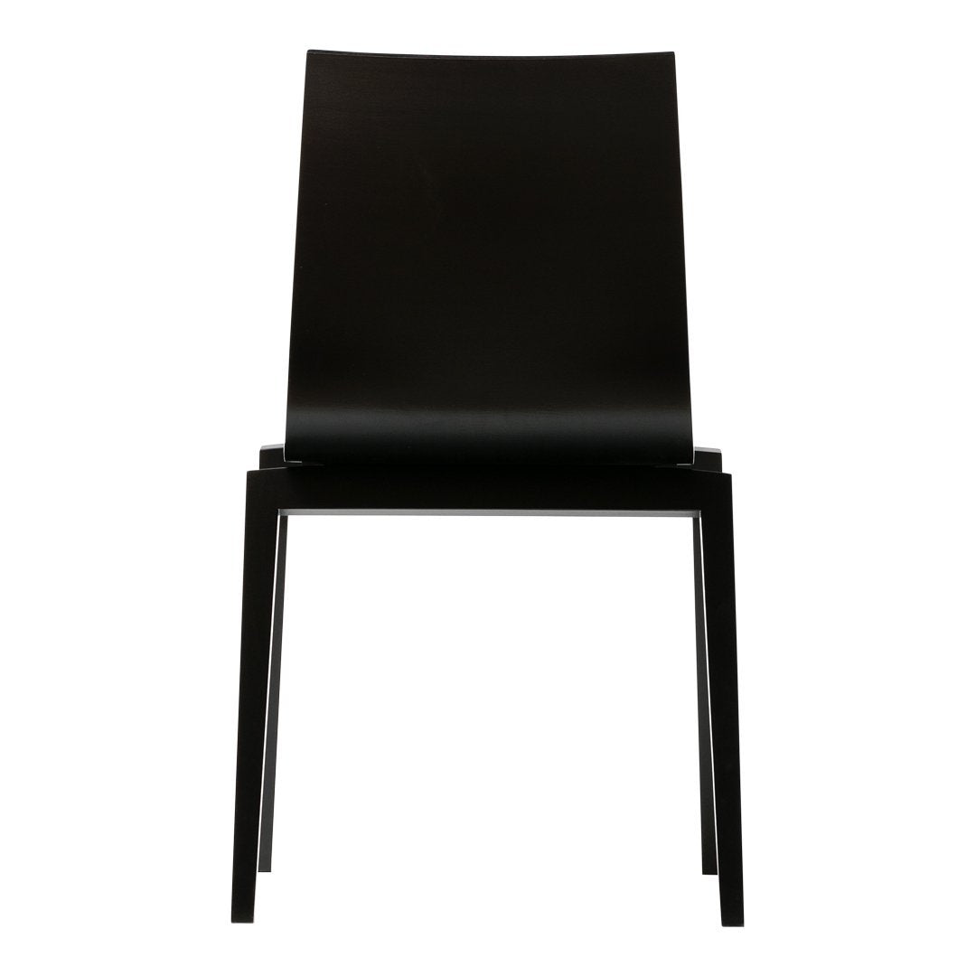 Sleek black chair with a minimalist design, featuring a smooth, solid finish and straight lines.