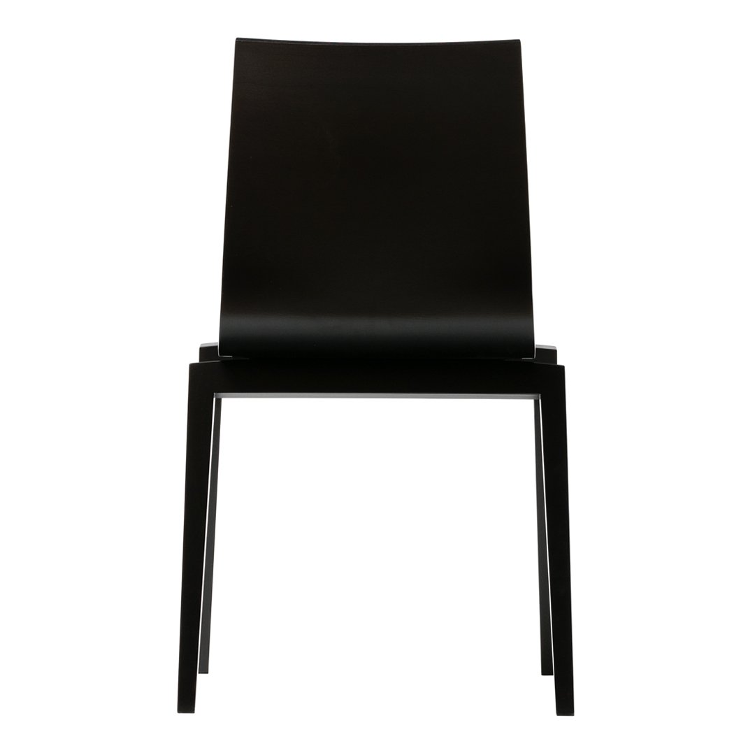 Sleek black high-back chair with a smooth, minimalist design and clean lines, perfect for modern decor.