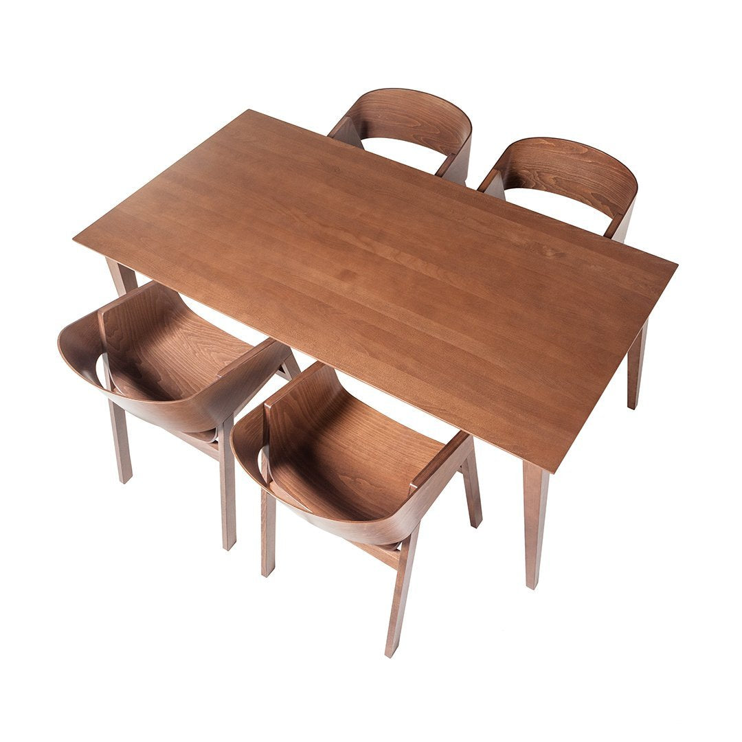 Wooden dining table with rich brown finish, paired with curved, matching brown chairs for a stylish look.