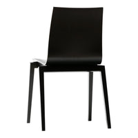 Black chair with a sleek, minimalist design and smooth finish, featuring a curved backrest and straight legs.