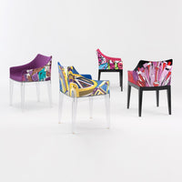 Colorful modern chairs featuring vibrant patterns in purple, abstract designs, and bold graphics. Perfect for stylish decor.