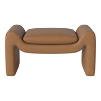 Tan leather ottoman with smooth, rounded edges and a minimalistic design, perfect for modern decor.