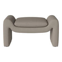 Stylish beige upholstered ottoman with a smooth, textured pattern and modern curved design. Perfect for contemporary decor.