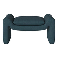 Teal upholstered ottoman with a textured fabric and rounded, modern silhouette. Perfect for contemporary decor.