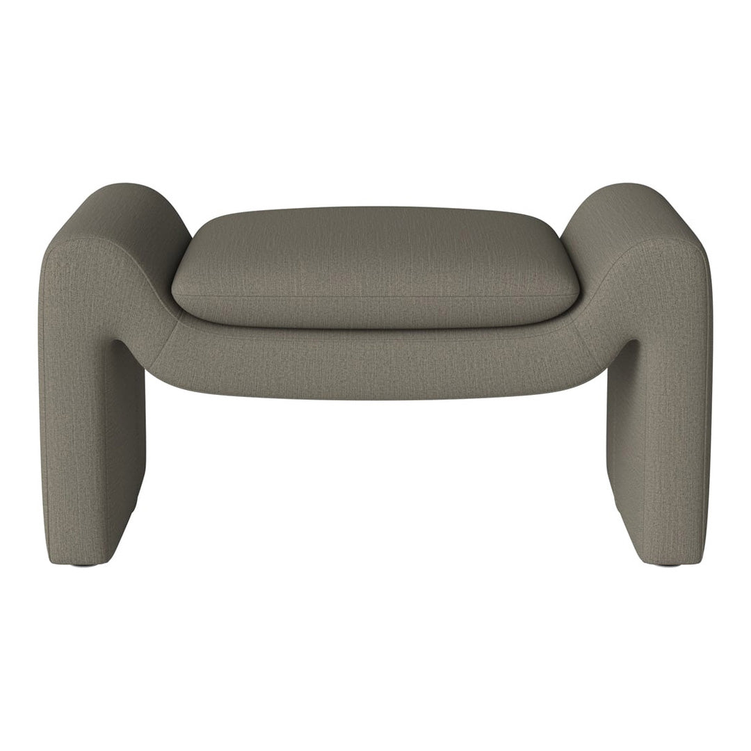 Contemporary gray upholstered ottoman with a textured pattern and smooth, rounded edges.