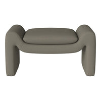 Contemporary gray upholstered ottoman with a textured pattern and smooth, rounded edges.