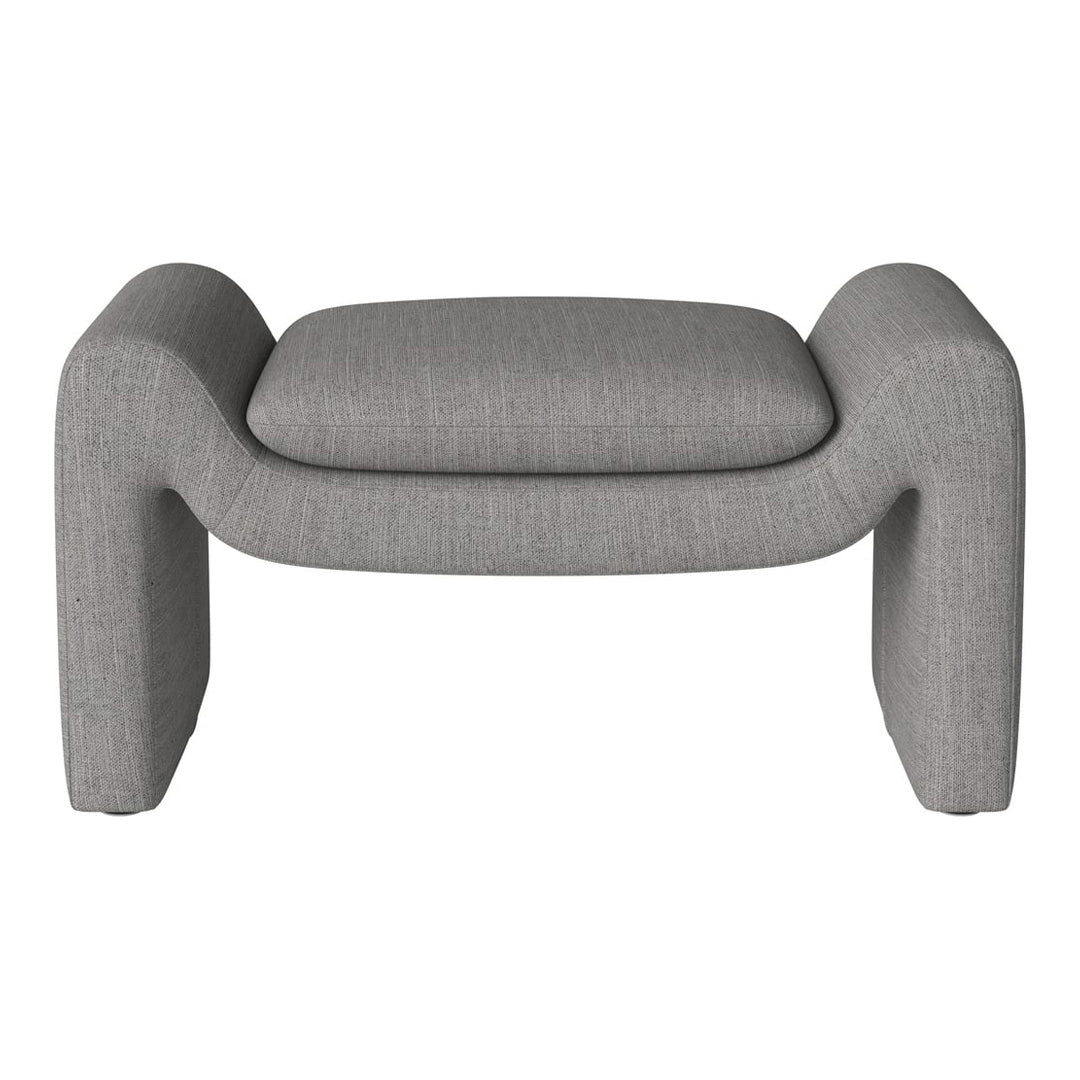 "Gray upholstered bench with a textured pattern and rounded edges, perfect for modern interiors."