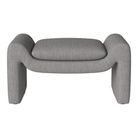 "Gray upholstered bench with a textured pattern and rounded edges, perfect for modern interiors."