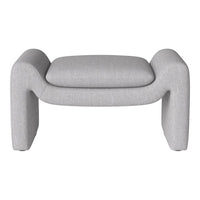 Grey upholstered ottoman with a smooth, textured fabric and minimalist design. Ideal for modern decor.