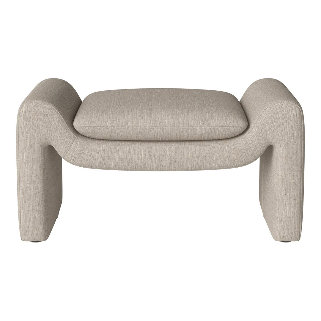 Beige upholstered ottoman with a textured fabric and smooth, rounded edges for a modern look. Perfect for any decor.