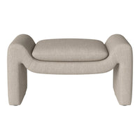 Beige upholstered ottoman with a textured fabric and smooth, rounded edges for a modern look. Perfect for any decor.