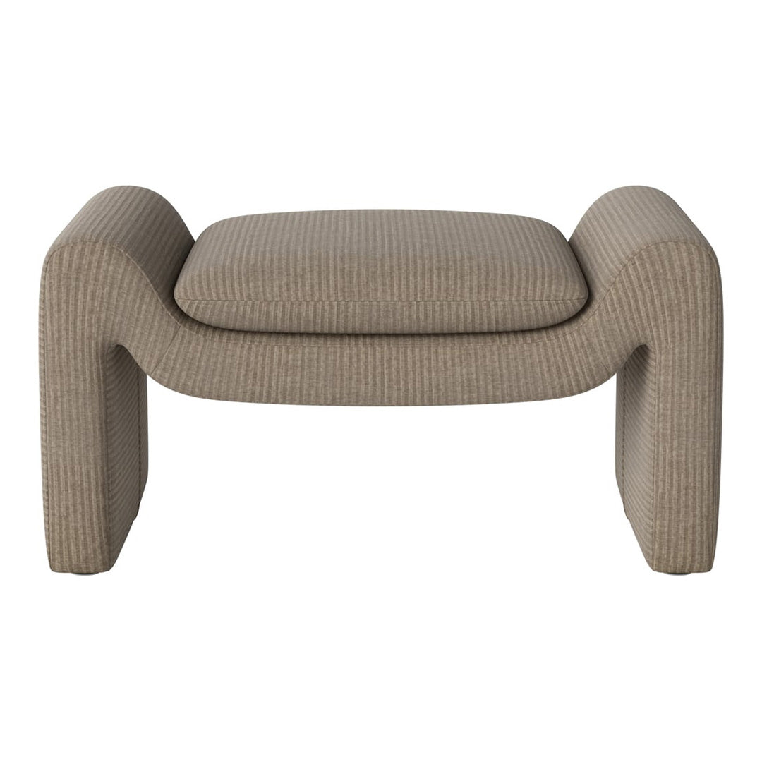Beige ottoman with subtle vertical stripes and soft, curved edges for a modern look in any space.