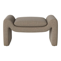Beige ottoman with subtle vertical stripes and soft, curved edges for a modern look in any space.