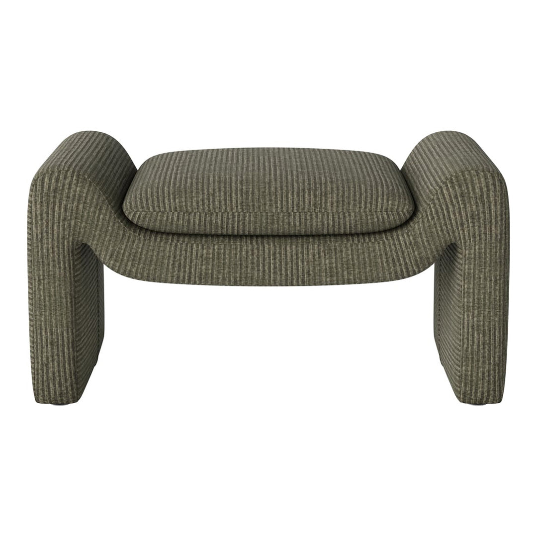 Green striped ottoman with a unique curved design and textured fabric. Perfect for modern home decor.