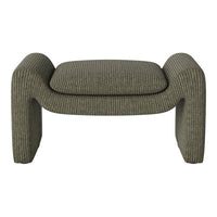 Green striped ottoman with a unique curved design and textured fabric. Perfect for modern home decor.