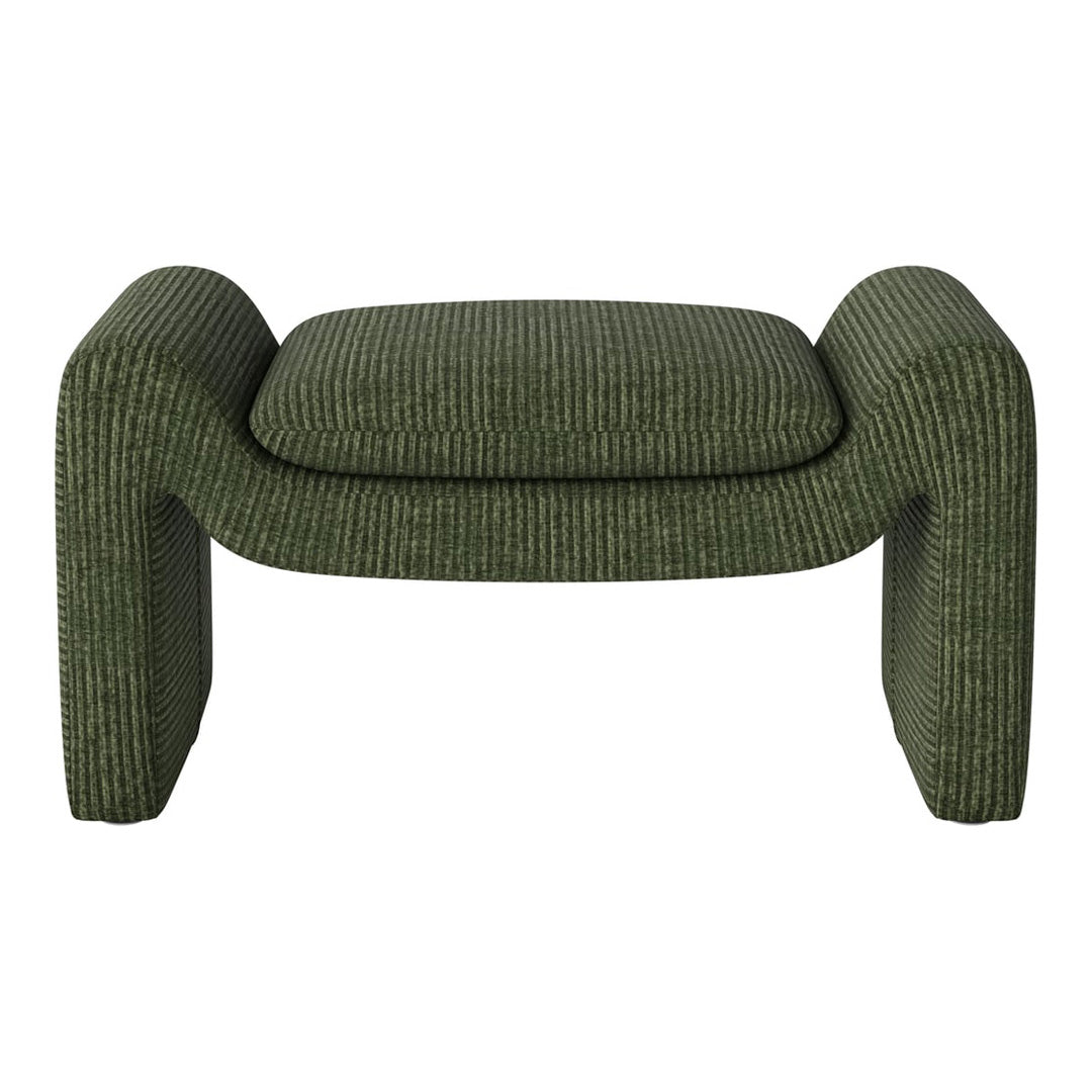 Green striped ottoman featuring a textured, contemporary design. Ideal for modern home decor.