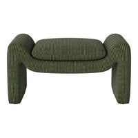 Green striped ottoman featuring a textured, contemporary design. Ideal for modern home decor.