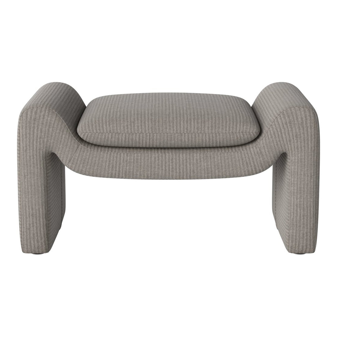 Gray striped ottoman with a modern design, featuring soft, textured fabric and a minimalist silhouette.